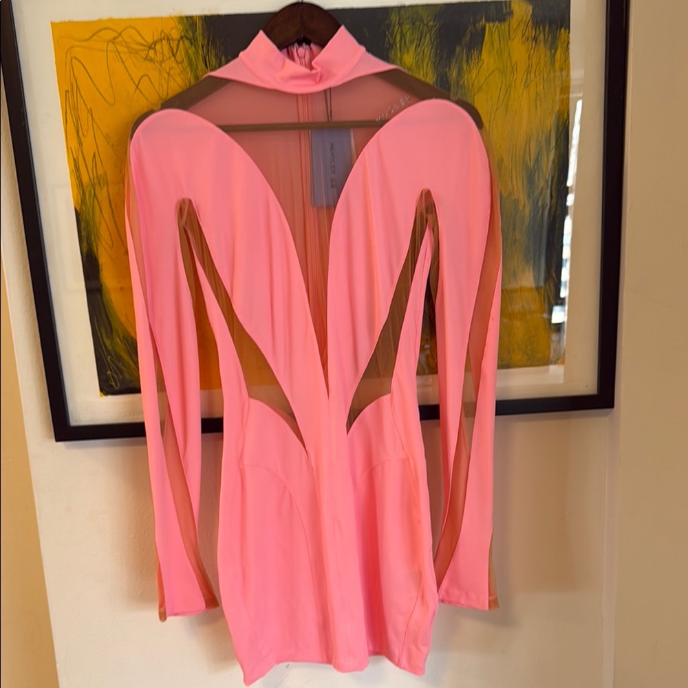 Mugler Pink Long Sleeve Cut Out Mini Bodysuit Dress